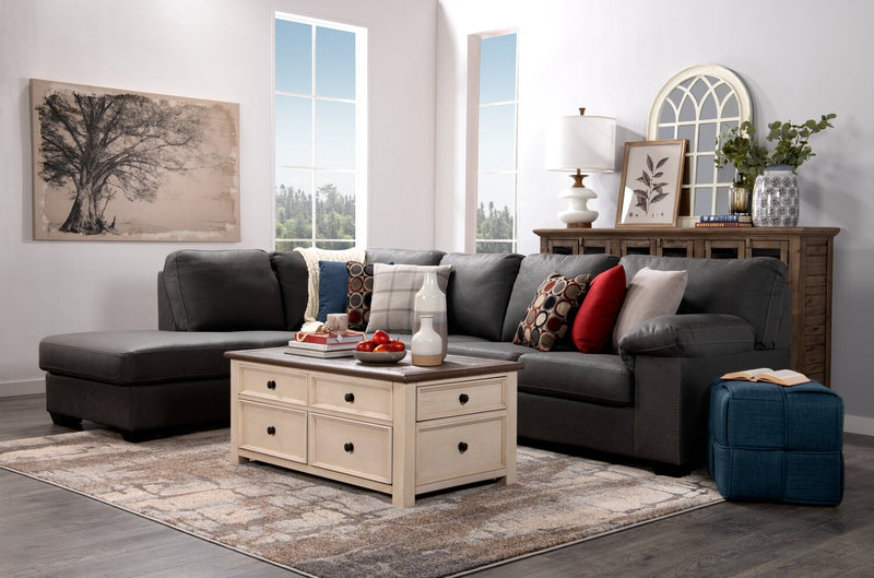 Sofa sectionnel de gauche Morty 2 pièces fabriqué au Canada en tissu d’apparence cuir avec sofa et coussins décoratifs - gris