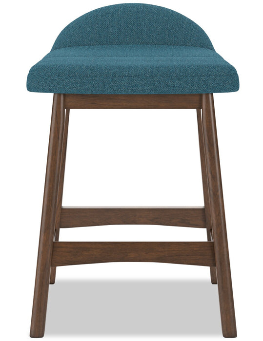 Tabouret Jovi de hauteur comptoir en tissu d’apparence lin et en bois - bleu