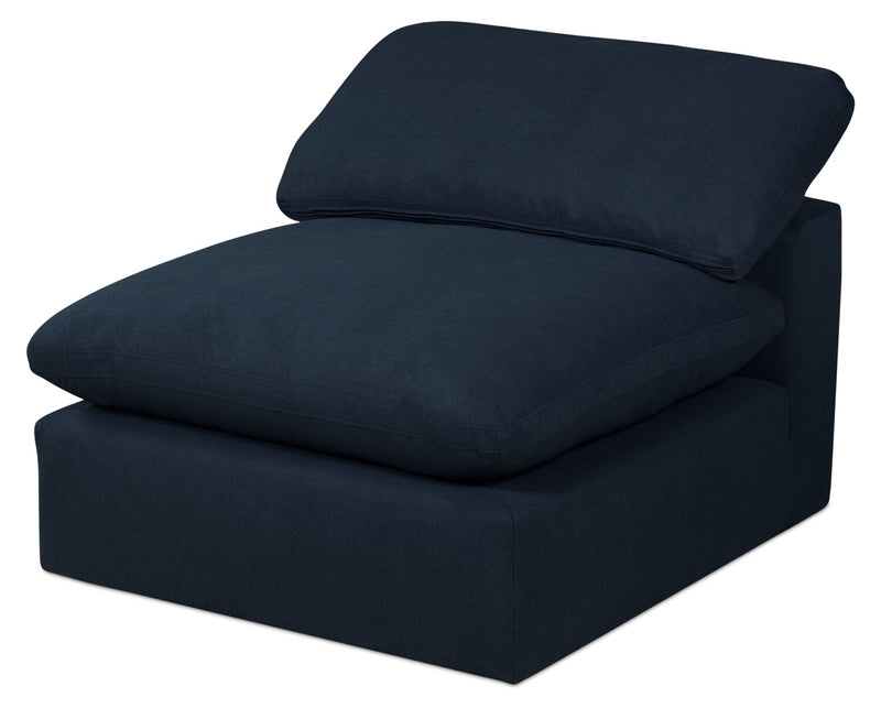 Sofa sectionnel modulaire Eclipse 4 pièces en tissu d’apparence lin avec pouf et coussins réversibles en duvet et plumes - bleu marine