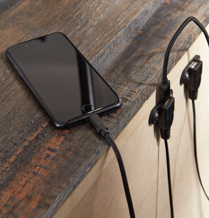 Ensemble de chambre à coucher Abby 6 pièces avec lit de rangement, commode, miroir, table de nuit, lumière DEL et port USB, brun - format très grand lit