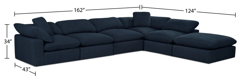 Sofa sectionnel modulaire de style cocon Eclipse 6 pièces en tissu d’apparence lin avec coussins réversibles en duvet et plumes - bleu marine