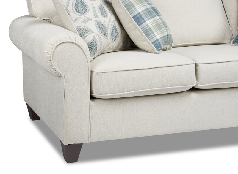 Sofa Scarlett de 87 po fabriqué au Canada en tissu de chenille avec accoudoirs enroulés et coussins décoratifs - beige écru