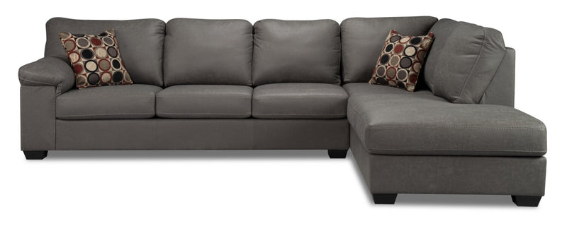 Sofa sectionnel de droite Morty 2 pièces fabriqué au Canada en tissu d’apparence cuir avec sofa et coussins décoratifs - gris