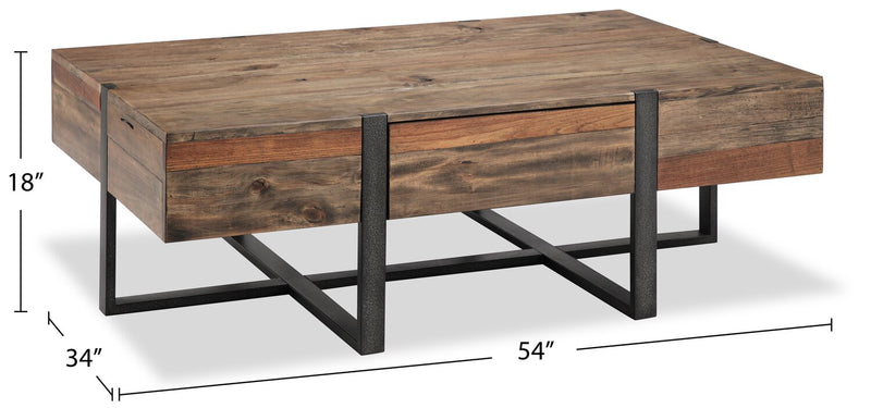 Table à café rustique Manchester de 54 po avec rangement - bois brun avec base en fer
