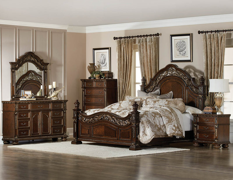 Ensemble de chambre à coucher Wynn 5 pièces avec lit, commode et miroir, brun cerisier - format très grand lit