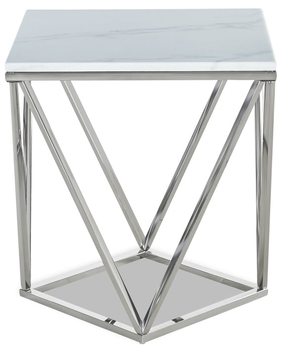 Table de bout carrée moderne Amanda de 21,5 po - dessus en marbre blanc avec base en métal chromé