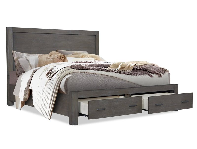 Lit plateforme de rangement Koda en bois avec tête de lit et cadre de lit, gris - format très grand lit