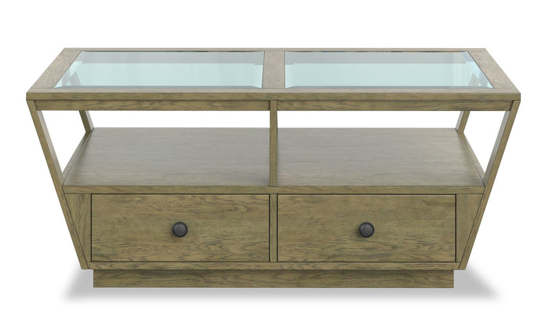 Table à café traditionnelle Esme de 48 po avec dessus en verre, rangement et tablette - bois brun clair