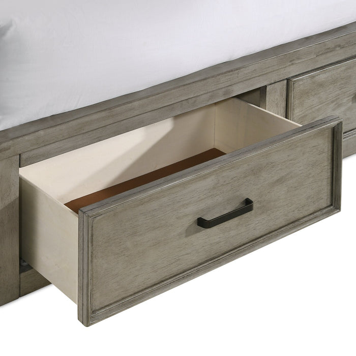 Lit plateforme de rangement Levi en bois avec tête de lit et cadre de lit, gris bois de grève - format grand lit