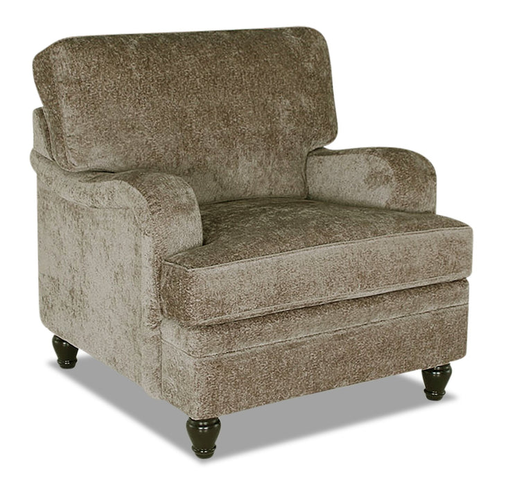 Fauteuil Bellmont de 38 po fabriqué au Canada en tissu de chenille avec pattes en bois - brun caramel