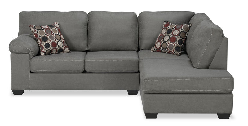 Sofa sectionnel de droite Morty 2 pièces fabriqué au Canada en tissu d’apparence cuir avec coussins décoratifs - gris