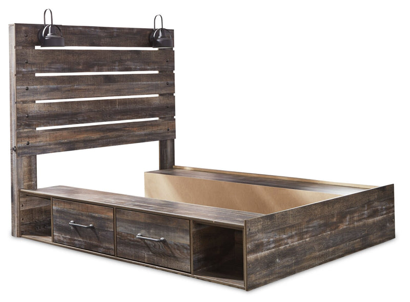 Lit plateforme de rangement latéral Abby avec éclairage à DEL et ports USB, brun - format grand lit