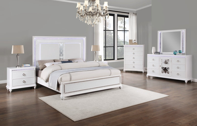 Ensemble de chambre à coucher Ava 6 pièces somptueux avec lit, commode, miroir, table de nuit et éclairage à DEL, blanc - format très grand lit
