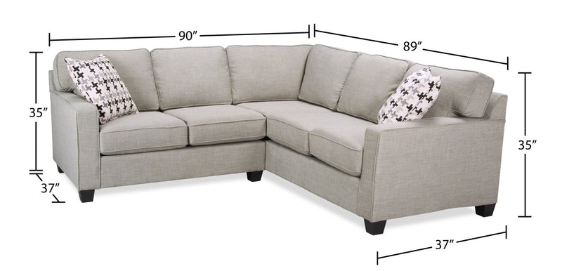 Sofa sectionnel Sawyer 2 pièces fabriqué au Canada en tissu d’apparence lin avec coussins réversibles - gris clair