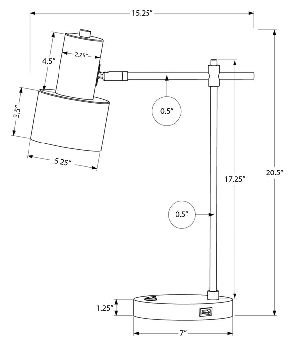 Lampe de travail et de bureau de 21 po en métal noir avec recharge USB
