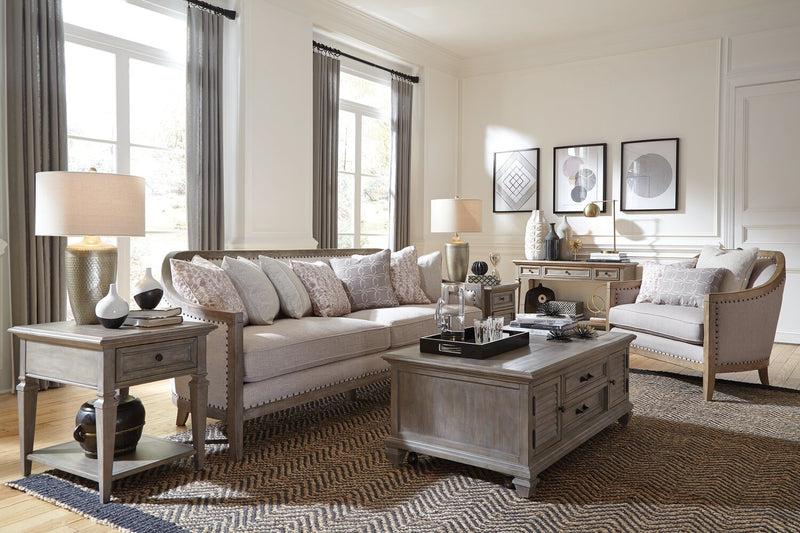 Table de salon traditionnelle Lancaster de 50 po avec rangement et tablette - grise et pin bronze