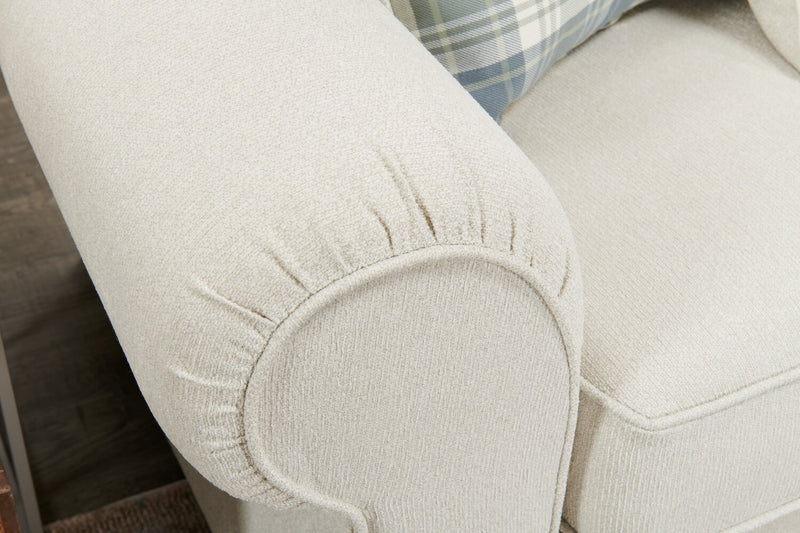 Sofa Scarlett de 87 po fabriqué au Canada en tissu de chenille avec accoudoirs enroulés et coussins décoratifs - beige écru
