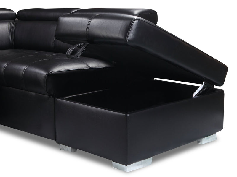 Sofa-lit sectionnel de droite Drake 3 pièces en tissu d’apparence cuir avec pouf de rangement - noir