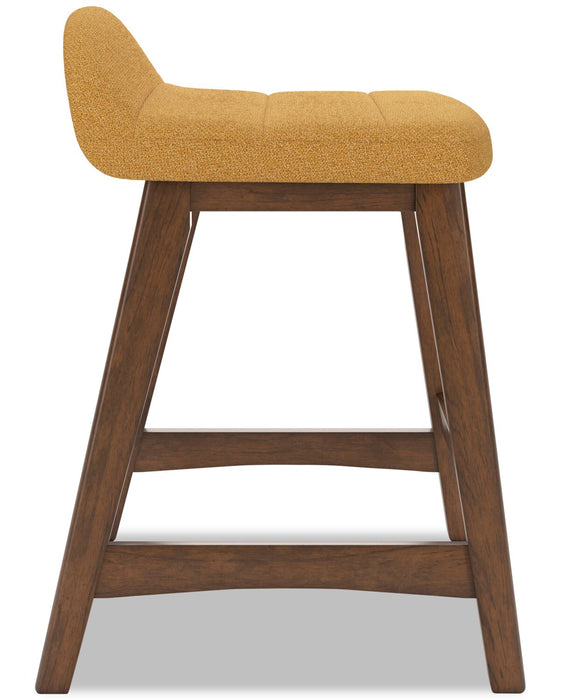 Tabouret Jovi de hauteur comptoir en tissu d’apparence lin et en bois - moutarde