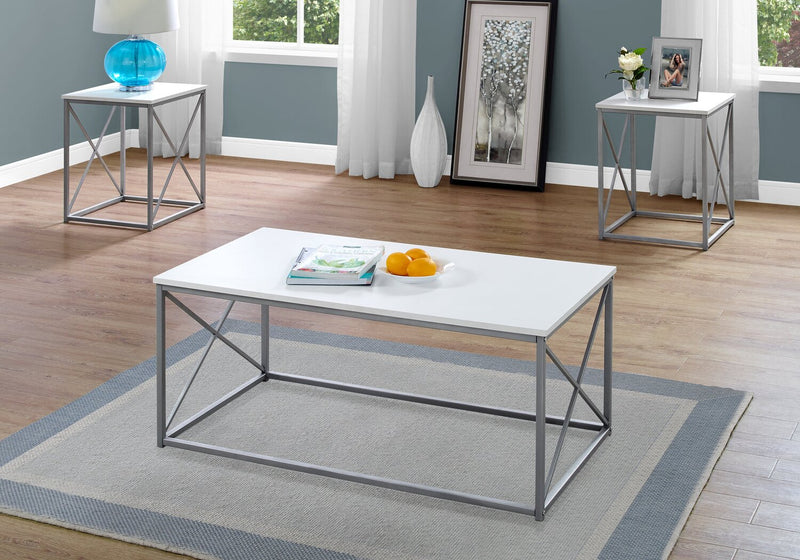 Ensemble 3 tables modernes Kasey de 42,25 po (table à café et 2 tables de bout) - blanc avec base en métal gris