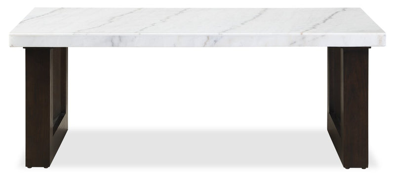 Table à café moderne Silvia de 48 po - imitation de marbre blanc et gris avec pattes en bois brun