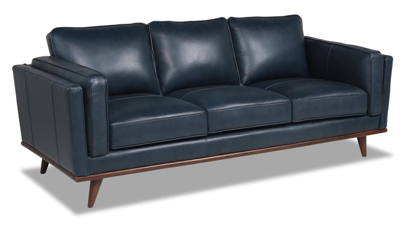Sofa Vivia de 86 po en cuir véritable avec coussins de siège amovibles et pattes en bois - bleu marine