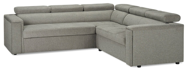 Sofa sectionnel de gauche Savvy 2 pièces en tissu d’apparence lin avec appuie-têtes réglables, porte-gobelets et port USB - gris
