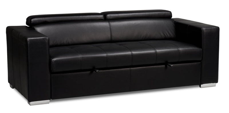Sofa-lit Drake de 87 po en tissu d’apparence cuir avec lit rétractable, appuie-têtes relevables et capitonnage à boutons - noir