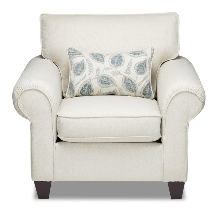 Fauteuil Scarlett de 41,5 po fabriqué au Canada en tissu de chenille avec accoudoirs enroulés et coussin décoratif - beige écru