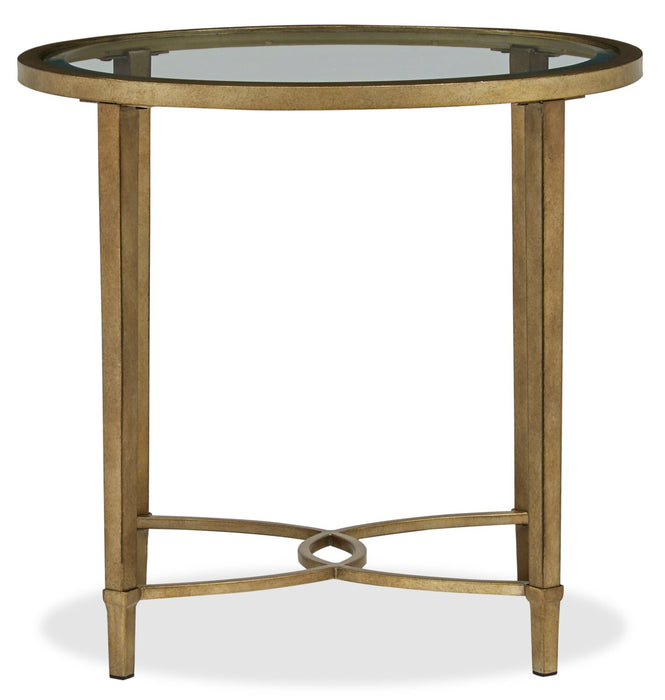 Table de bout ovale traditionnelle Copia de 22 po avec dessus en verre - argentée et dorée avec base en métal