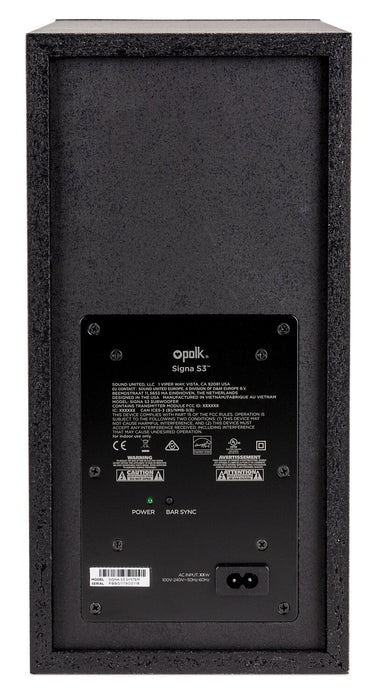 Barre de son à 2.1 canaux POLK avec DolbyMD Digital, DTS Virtual:XMC et caisson d’extrêmes graves sans fil (Signa S3) 