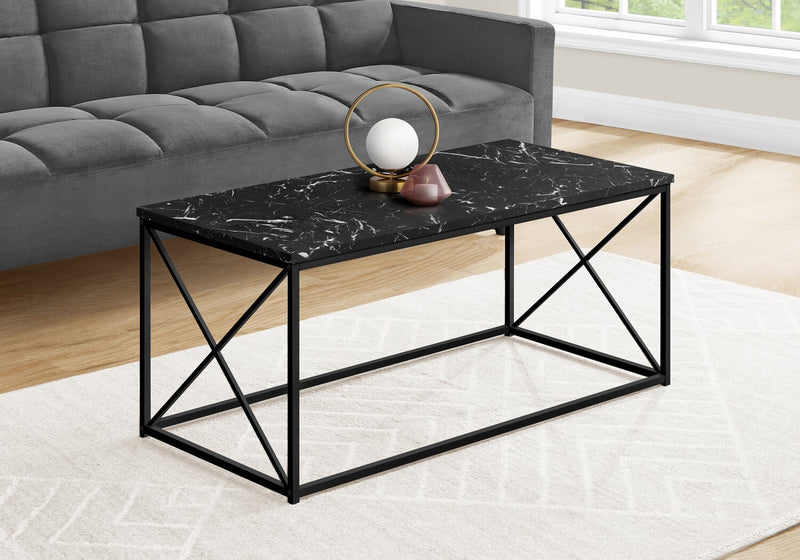 Table à café moderne Millie de 40,5 po - imitation de marbre noir avec base en métal noir
