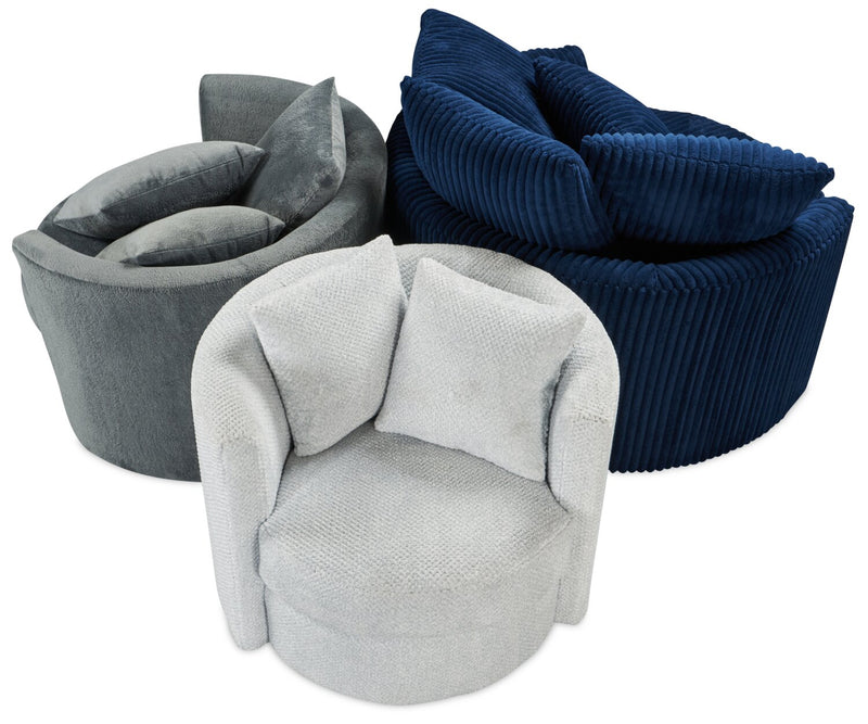 Fauteuil d’appoint pivotant Cuddler Midi de 42 po fabriqué au Canada en tissu de chenille - gris Plush Thunder