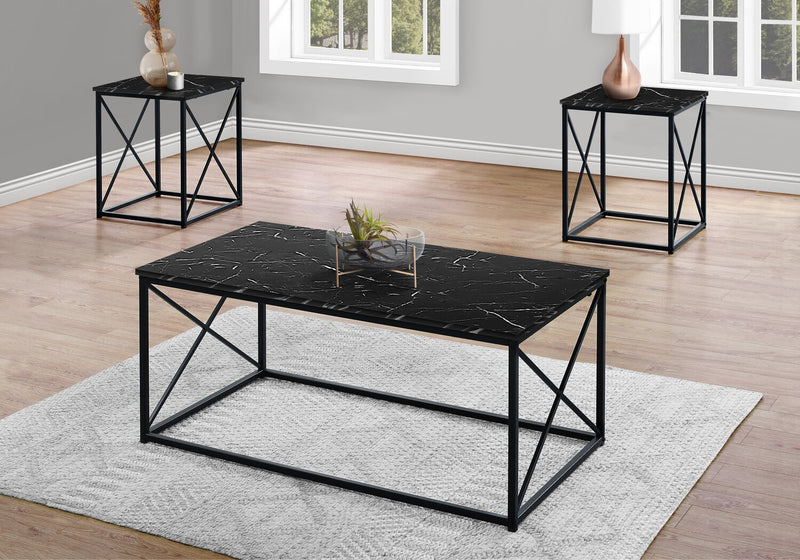 Ensemble 3 tables modernes Kasey de 42,25 po (table à café et 2 tables de bout) - imitation de marbre noir avec base en métal noir