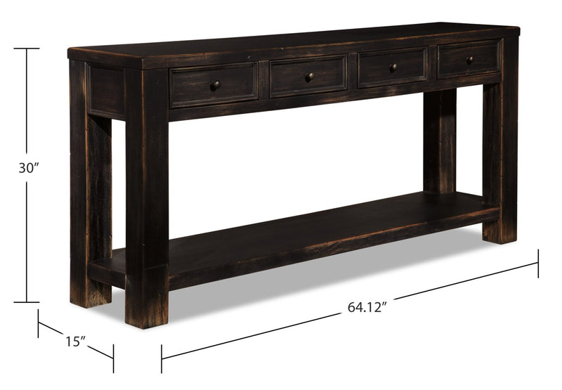 Table de salon rustique Breda de 64,12 po avec rangement et tablette - bois noir rétro