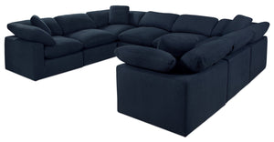 Sofa sectionnel modulaire Eclipse 8 pièces en tissu d’apparence lin avec coussins réversibles en duvet et plumes - bleu marine
