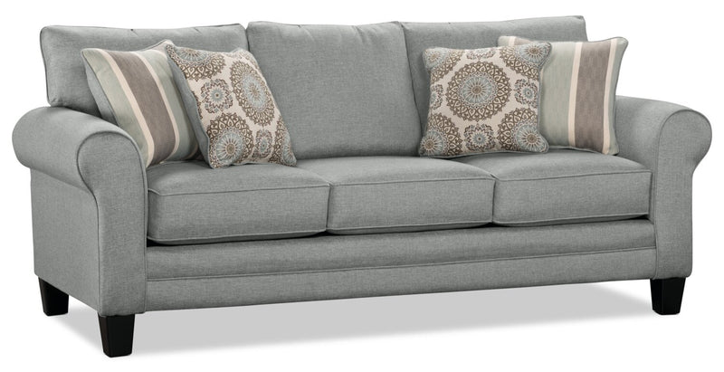 Sofa Tula de 88 po fabriqué au Canada en tissu avec accoudoirs enroulés et coussins décoratifs - gris brume 