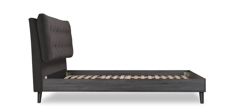 Lit plateforme rembourré Nash en tissu gris foncé avec capitonnage à boutons - format grand lit