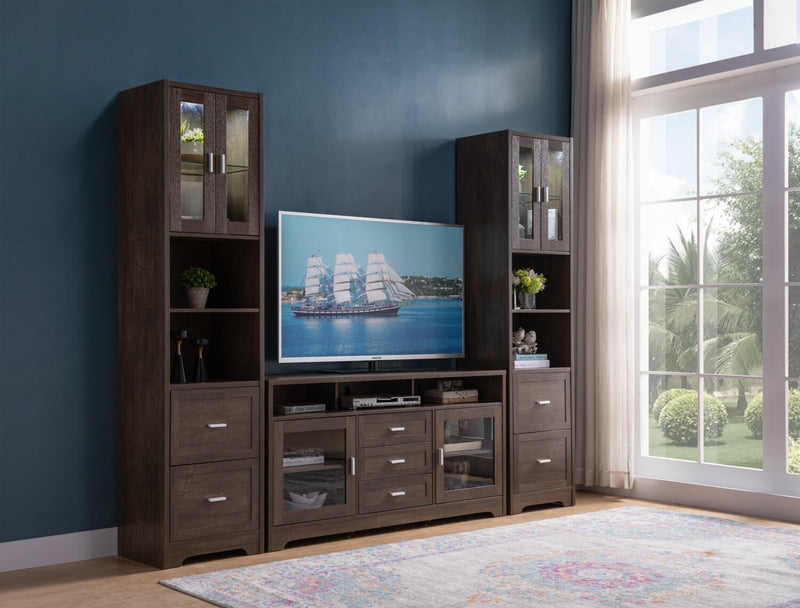 Meuble audio-vidéo Melody 3 pièces de 100\" avec rangement et système de gestion des câbles pour téléviseurs jusqu’à 65 po - brun