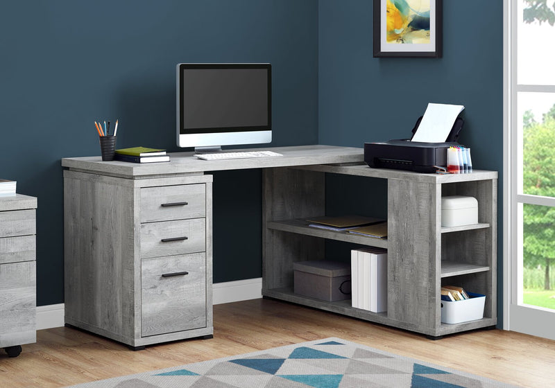 Bureau en coin en forme de L Rickey de 60 po à 3 tiroirs et tablettes - gris