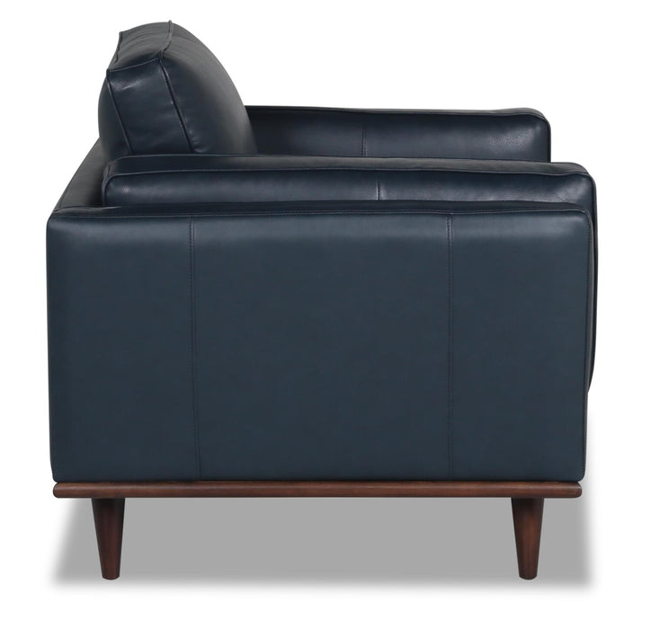 Fauteuil Vivia de 40 po en cuir véritable avec coussin de siège amovible et base en bois - bleu marine