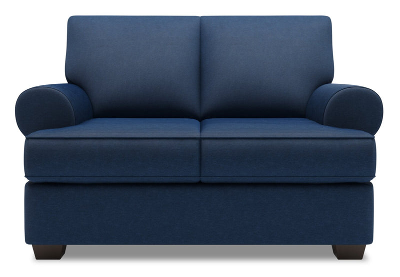 Causeuse personnalisable Roll de Sofa Lab de 64 po fabriquée au Canada en tissu d’apparence lin avec accoudoirs enroulés - bleu Pax Navy