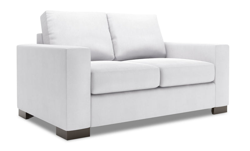 Causeuse personnalisable Track de Sofa Lab de 62 po fabriquée au Canada en tissu d’apparence lin avec accoudoirs rectilignes - blanc Pax Ice