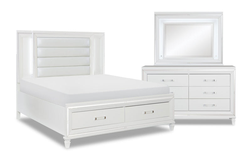 Ensemble de chambre à coucher Max 5 pièces somptueux avec lit de rangement, commode, miroir et éclairage à DEL, blanc - format très grand lit