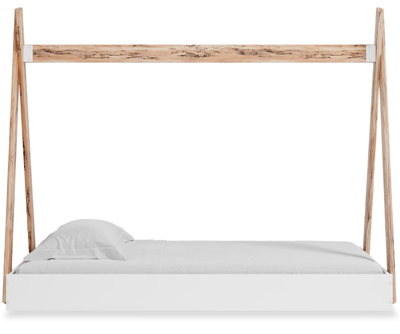 Lit plateforme Wolf en forme de tente pour enfants, deux teintes, blanc et naturel - format lit simple