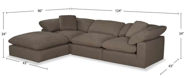 Sofa sectionnel modulaire Eclipse 4 pièces en tissu d’apparence lin avec pouf et coussins réversibles en duvet et plumes - gris ardoise