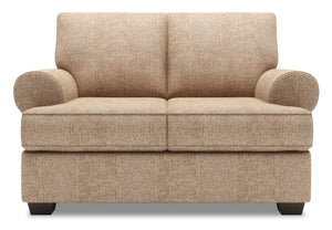 Causeuse personnalisable Roll de Sofa Lab de 64 po fabriquée au Canada en tissu d’apparence lin avec accoudoirs enroulés - taupe Luxury Taupe