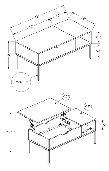 Table à café moderne Bence de 42 po avec dessus relevable et rangement - taupe avec pattes en métal noir