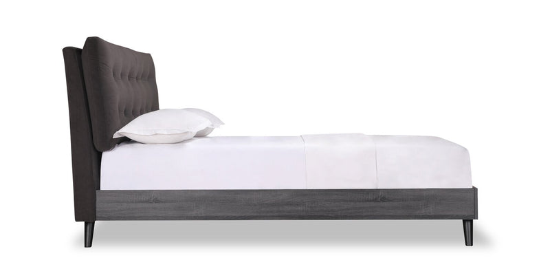 Lit plateforme rembourré Nash en tissu gris foncé avec capitonnage à boutons - format lit double
