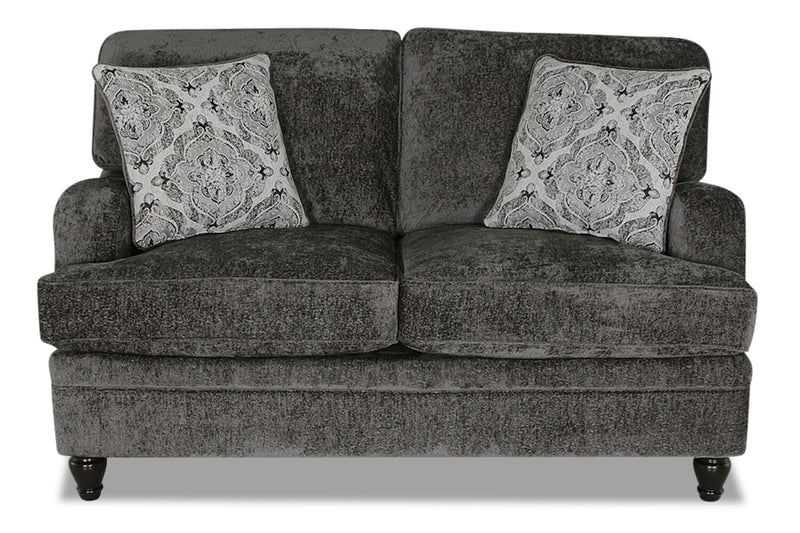 Causeuse Bellmont de 64 po fabriquée au Canada en tissu de chenille avec coussins réversibles et pattes en bois - gris anthracite